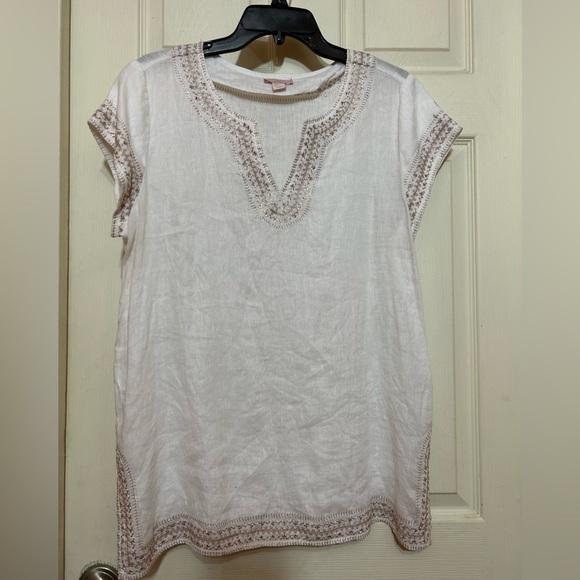 ST. TROPEZ west linen blouse with metallic rose gold embroidered L - Picture 1 of 8